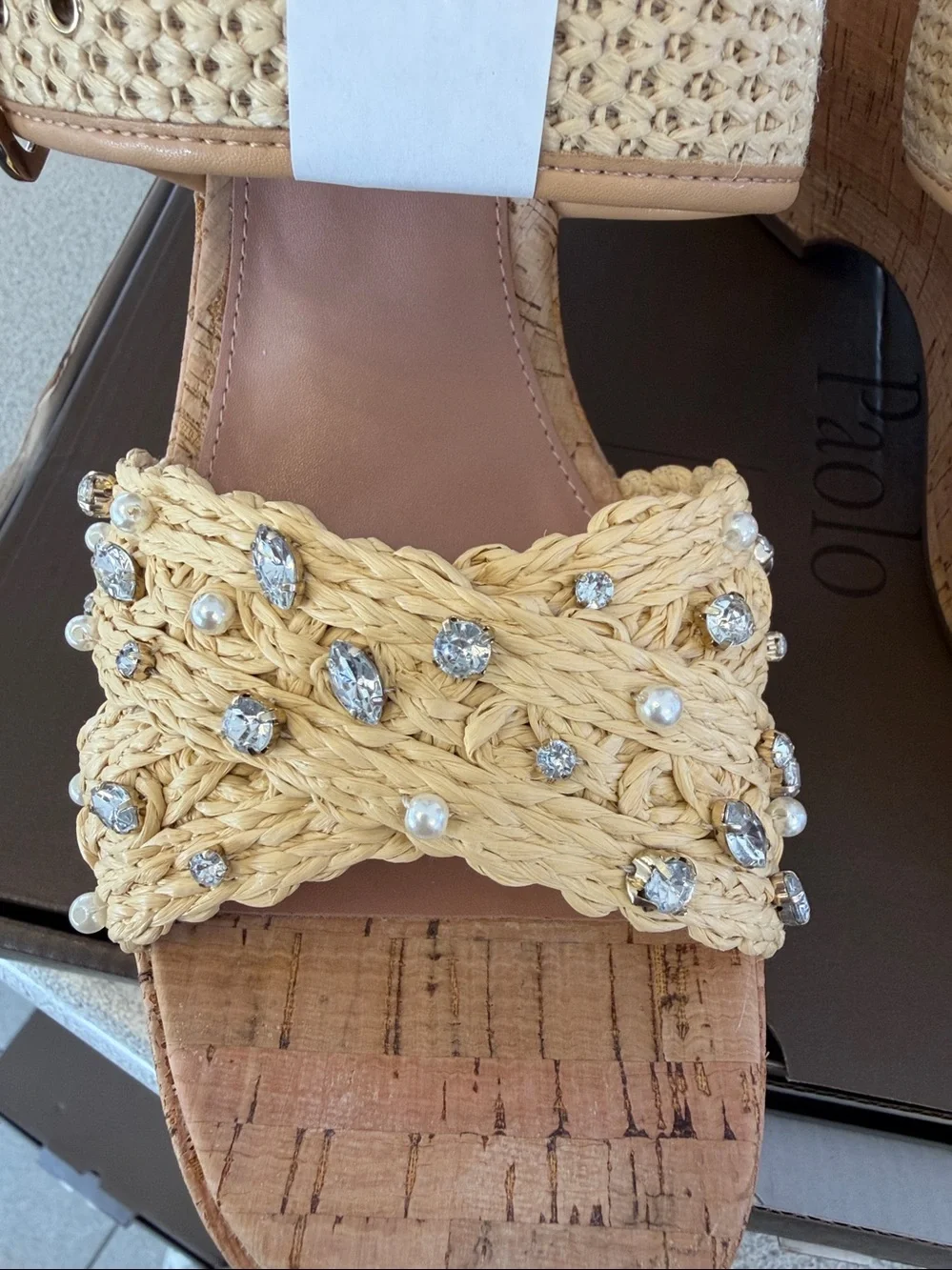 Paolo Natural Raffia Braided Crystal Cork Wedge Sandals